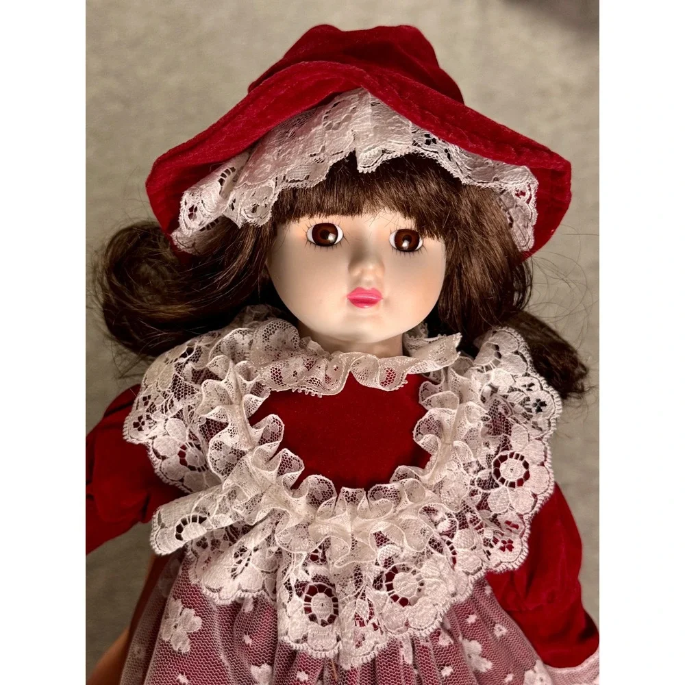 Vintage Porcelain Musical Doll Burgundy Velvet Lace Victorian Dress 16 Inch